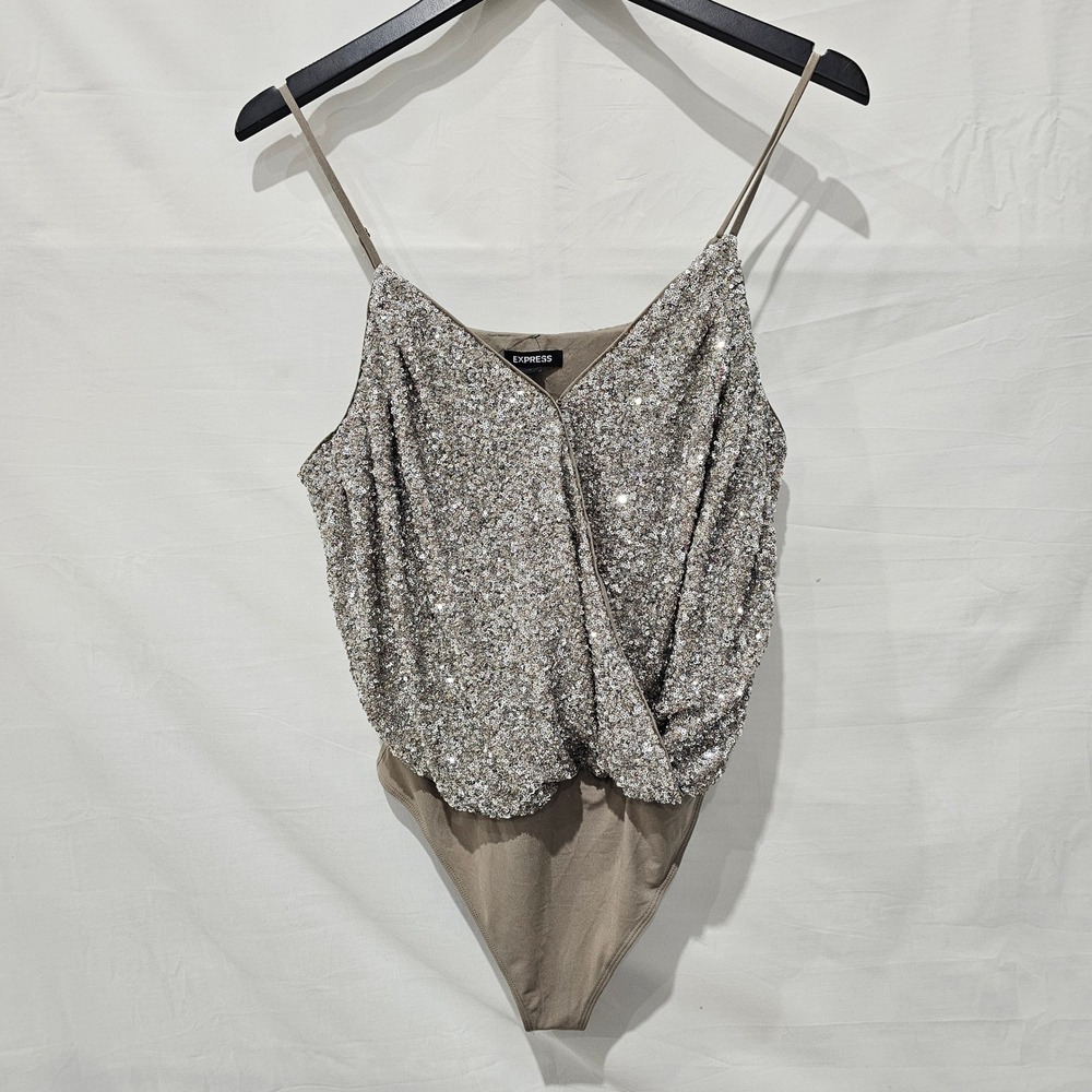 Express Large Sequin Surplice Wrap Bodysuit Champagne Silver Night Out Party